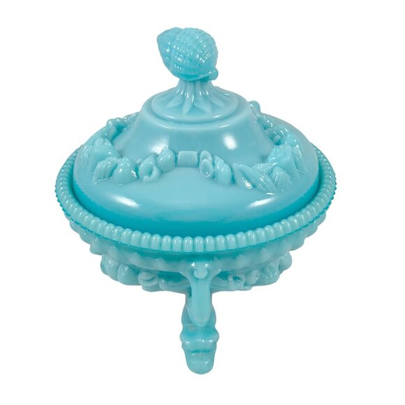 Westmoreland Blue Milk Glass Candy Dish Argonaut Shells Dolphins Vintage 1960s - Picture 9 of 10